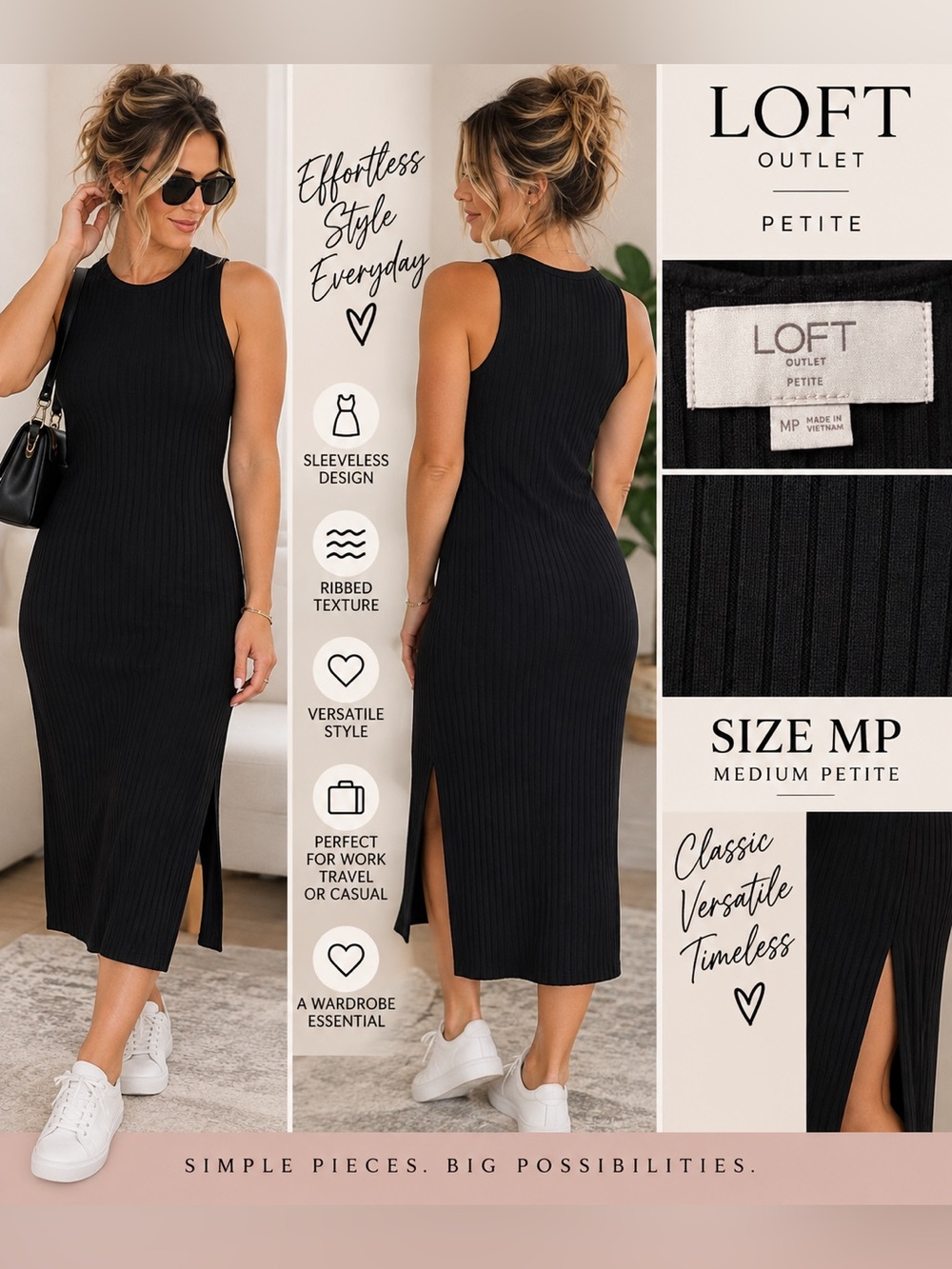 LOFT Outlet Petite MP Black Ribbed Sleeveless Midi Dress